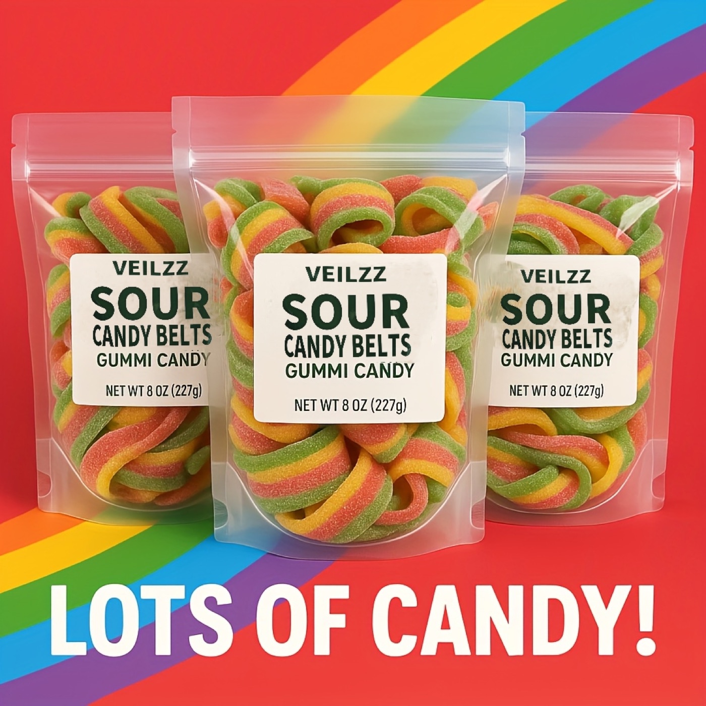 Sour candy belts gummy strips with rainbow colors